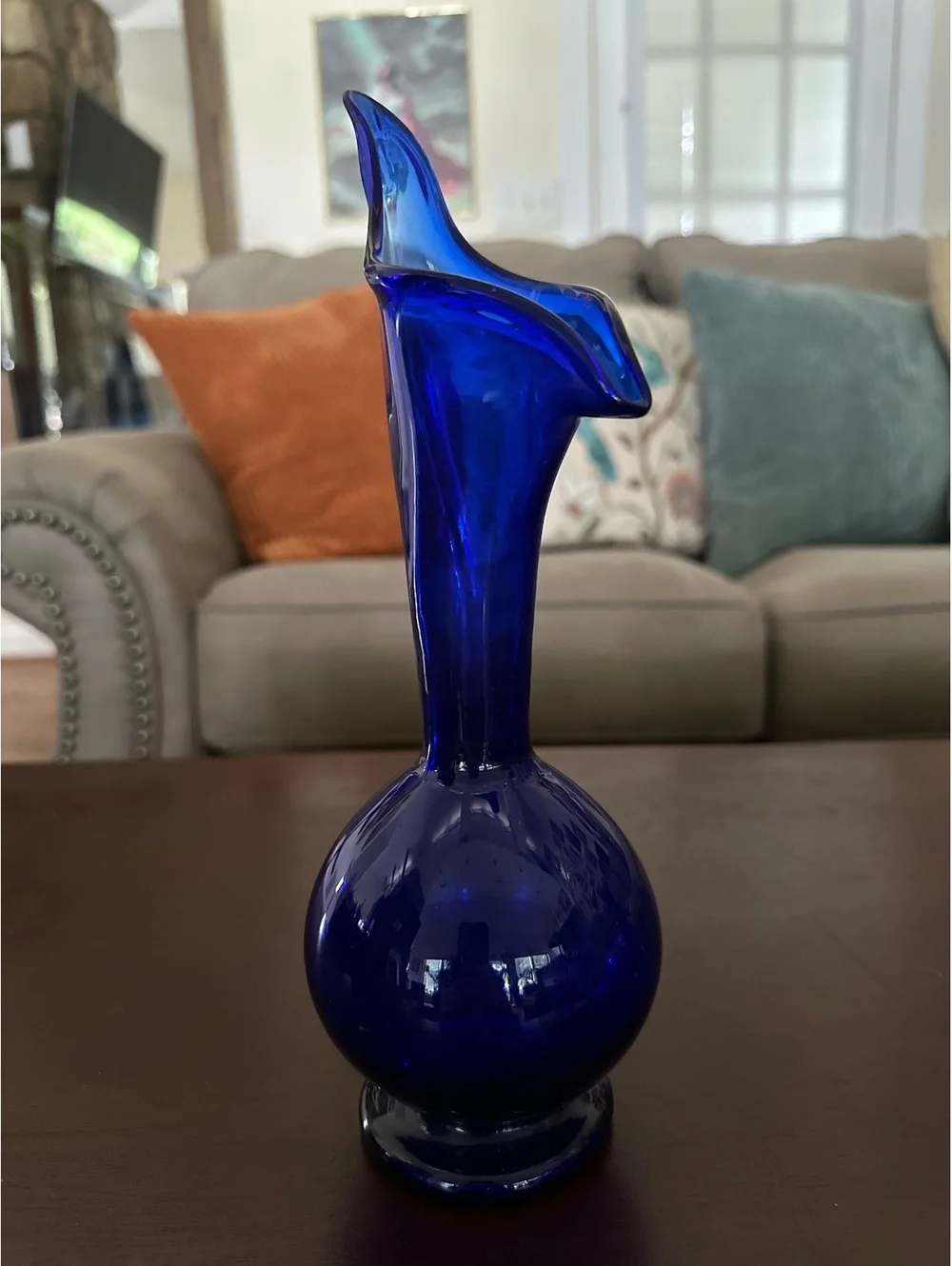 Vintage Cobalt Blue Art Glass Vase Distinctively Shaped Flared Rim